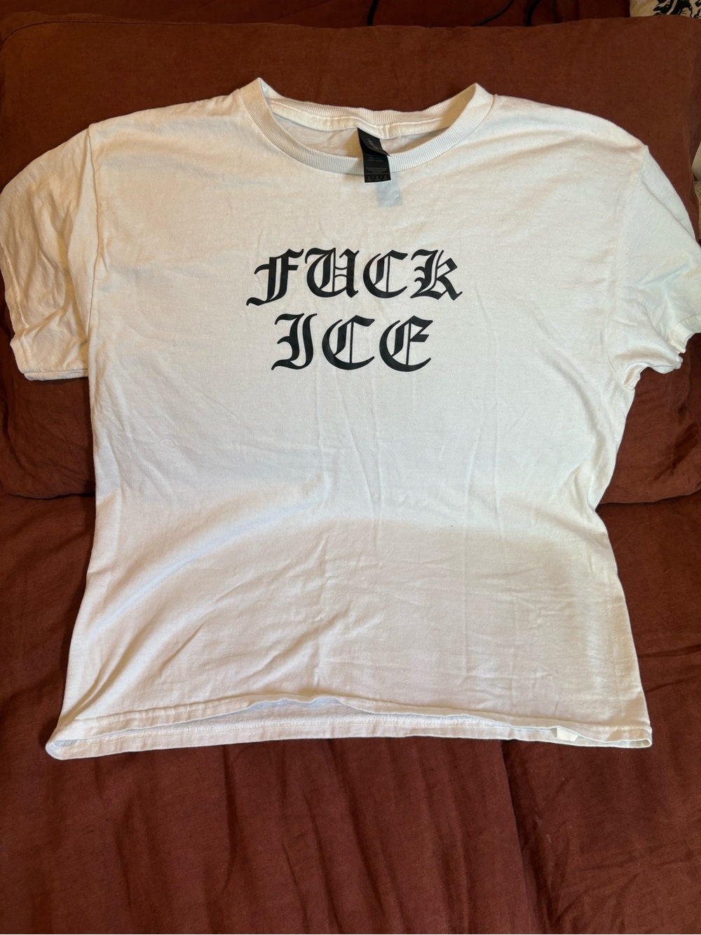 White Graphic Tee with Black Gothic 'F@?k ICE' Print